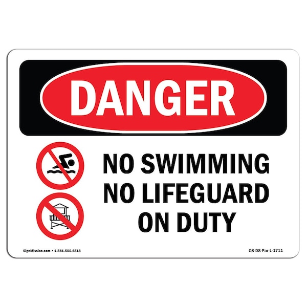 Safety Sign, OSHA Danger, 7" Height, Aluminum, No Swimming No Lifeguard On Duty, Landscape